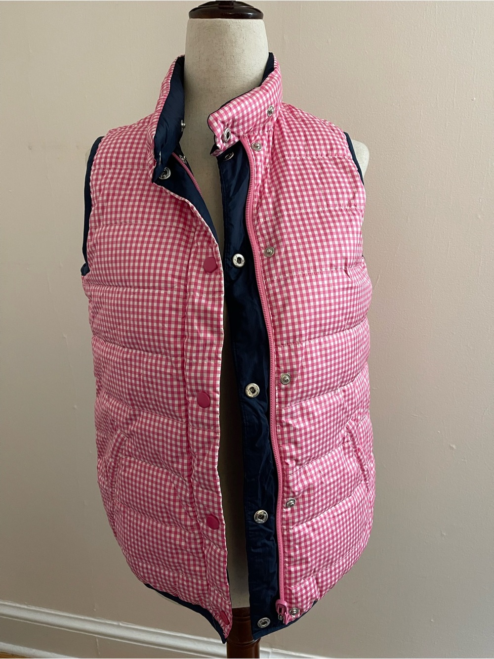 J.McLaughlin Reversible Down Puffer Vest Pink Gingham Navy XS